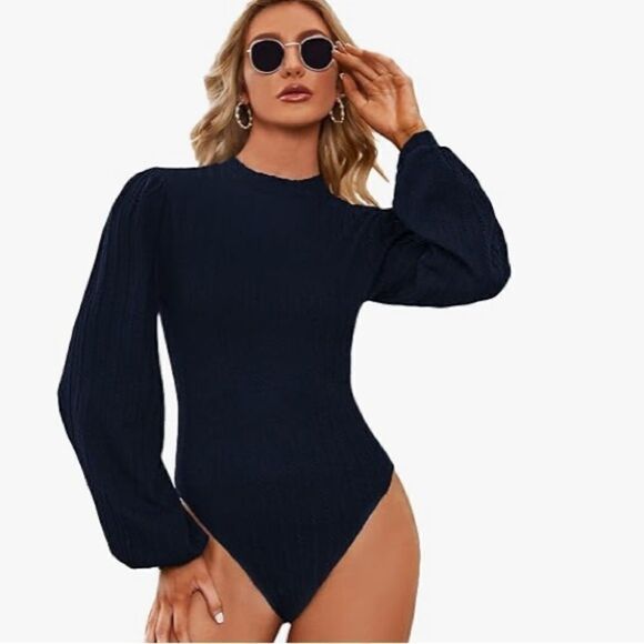 SweatyRocks Women's Mock Turtle Neck Bishop Sleeve Slim fit T Shirt NWT black L - Picture 1 of 6